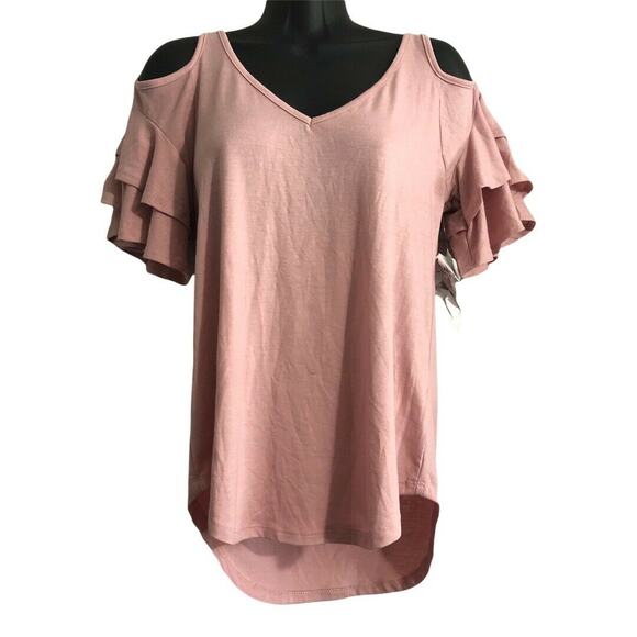 Crave Fame Womens Shirt Size Small Dusty Rose Cold Shoulder Flutter Sleeve Top - Picture 1 of 8